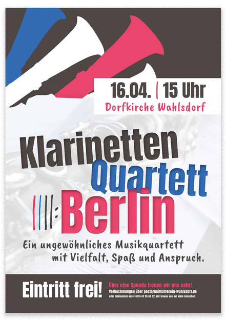 Klarinetten-Quartett Berlin in der Wahlsdorfer Dorfkirche am 16. April um 15 Uhr, Vorbestellungen möglich, Eintritt frei.
