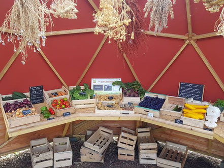 Intérieur d’un dôme géodésique en bois avec une toile rouge aménagé en étal de maraîcher avec fruits et légumes en cagettes