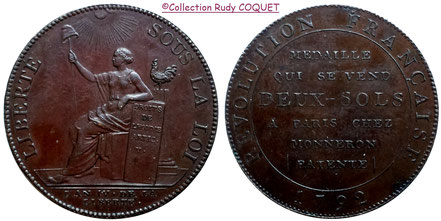 2 sols à la liberté assise - 1792 - type qui se vend -  frappe médaille et flan bruni - réf mr7FB