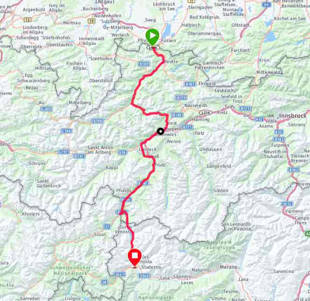 1. Etappe: Füssen, Hahntennjoch, Landeck, Norbertshöhe, Reschensee, Glurns. 159km/2430hm