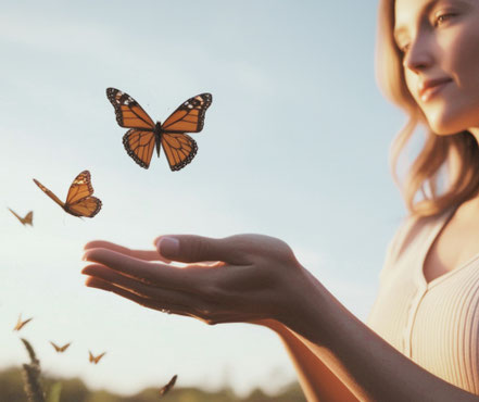 Eine Frau, die ihre Handflächen nach oben richtig und Schmetterlinge fliegen lässt als Symbol für emotionale Freiheit und Lösen von Abhängigkeitsstrukturen - mein schützling