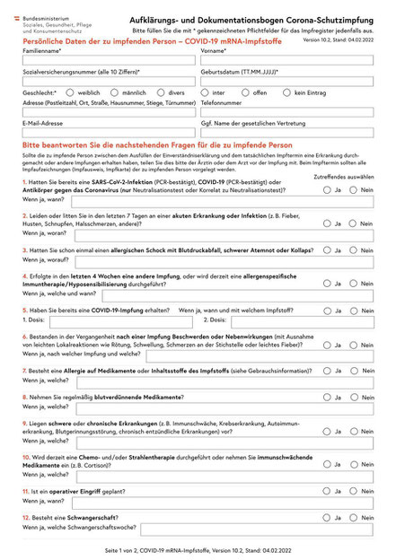 Aufklärungsbogen  Dokumentationsbogen zur Corona-Schutzimpfung des Österreichischen Bundesministeriums für Soziales, Gesundheit, Pflege ...