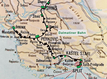 Streckenplan der Dalmatiner Bahn von Šibenik nach Perković