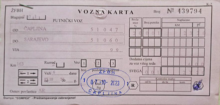 Fahrkarte der ŽFBH Čapljina - Sarajevo - Čapljina