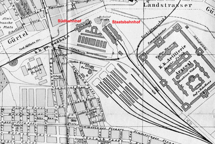 Wiener Südbahnhof und Ostbahnhof Stadtplan Wien um 1900