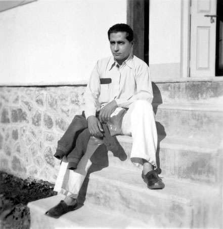 1937 Nasik, India : Adi sitting outside the Westerners' quarters. Photo taken by Padri Irani