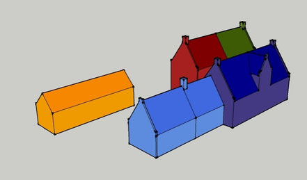 Het huidige complex (boven) en de veronderstelde situatie rond 1710, met het 17de-eeuwse 'hoge huijs' (rood en groen), het vroeg 18de-eeuwse 'lage huijs' (donkerblauw) de stal annex keuken (lichtblauw) en de later overbouwde 'oude stal' (geel). 