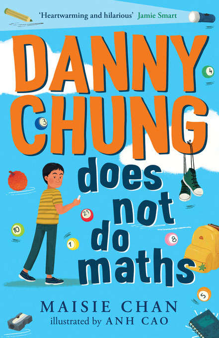 A Chinese boy with a white piece of chalk stands on a sky background with bingo balls and school supplies around him 
