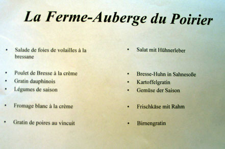 Bild: Menükarte der Ferme du Poirier in der Bresse Frankreich