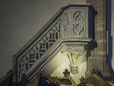Bild: Kanzel von Hans Hammer von 1495 in der Église Notre-Dame-de-la-Nativité de Saverne
