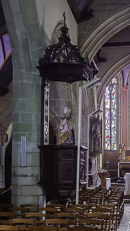  Bild: Kanzel in der Kirche Notre-Dame de Confort im Ort Le Kaludi, in der Großgemeinde Confort-Meilars, Bretagne 