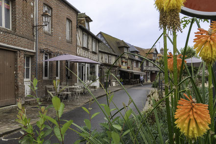 Bild: Fachwerkhäuser am Marktplatz von Beuvron-en-Auge in der Normandie
