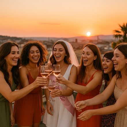 Gemeinsam stossen die Frauen am Polterabend auf einer Dachterasse an. Die Individualisierte Schnitzeljagt hat sie quer durch die Schweiz geführt. Dieser Poltertag bleibt den Ladys noch lange in Erinnerung!