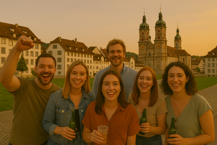 Mehrere Personen feiern ihren Polterabend in St.Gallen. Gemeinsam stossen sie auf das Brautpaar an und absolvieren das Polterabendspiel Hangover. Das Bild wurde bei der Kathedrale St.Gallen aufgenommen und die Poltergäste halten ein Getränk in der Hand.