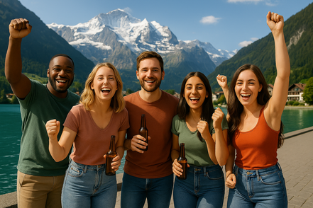 Mehrere  Personen welche einen Polterabend in Interlaken feiern. Es herrscht eine super Stimmung in der Sommersonne. Im Hintergrund sind die Berge von Interlaken zu sehen. 