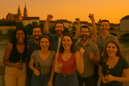 Mehrere Personen feiern ihren Polterabend in Basel. Gemeinsam stossen sie auf das Brautpaar an und absolvieren das Polterabendspiel Hangover. Das Bild wurde am Basler Münster mit Sicht auf den Rhein aufgenommen.