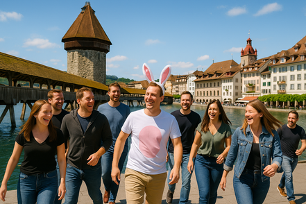 Mehrere  Personen feiern ihren Polterabend in der Stadt Luzern bei der Kappeler Brücke. Gemeinsam stossen sie auf das Brautpaar an und geniessen ihre individualisierte Smartphone Schnitzeljagt, die ihren Poltertag zum unvergesslichen Erlebnis macht!