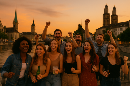 Mehrere Personen feiern ihren Polterabend in Zürich. Gemeinsam stossen sie auf das Brautpaar an und absolvieren das Polterabendspiel Hangover. Das Bild wurde am Bürkliplatz in der Nähe vom HB Zürich aufgenommen.