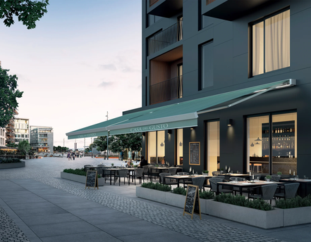 Gastronomie Terrasse beschattet durch eine Markise
