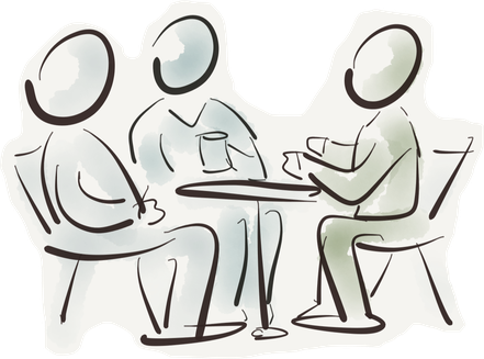 Zeichnung von drei Menschen im Gespräch. Sie sitzen an einem runden Tisch.