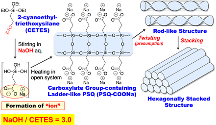 図3　ヘキサゴナル積層構造を有するカルボキシレート基含有ロッド状(ラダー状)PSQの合成