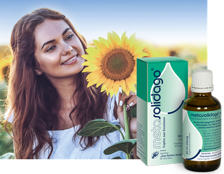 Junges Mädchen mit Sonnenblume und metasolidago® Packshot im Vordergund