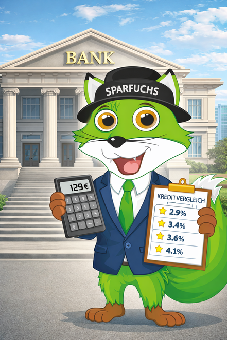 alt="Fröhlicher grüner Sparfuchs-Maskottchen mit Zylinder 'SPARFUCHS', Anzug, Taschenrechner und Clipboard zeigt Kreditvergleich: Zinssätze 2.9 %, 3.4 %, 3.6 % und 4.1 % – clever Kredite vergleichen und sparen"
