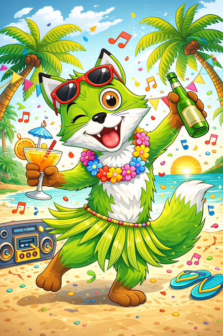 alt="Cute Sparfuchs-Maskottchen tanzt party-mäßig am Strand: Sonnenbrille, Lei-Blumenkranz, Hula-Rock, Cocktail und Bierflasche – Ab in die Ferien, clever sparen und Urlaub genießen!"