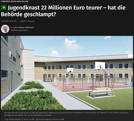Fotoausschnitt vom Online-Bericht Hamburger Abendblatt. Man sieht eine Plan-Grafik von einem schönen, sonnigen Gebäudeinnenhof mit Basketball-Feld.