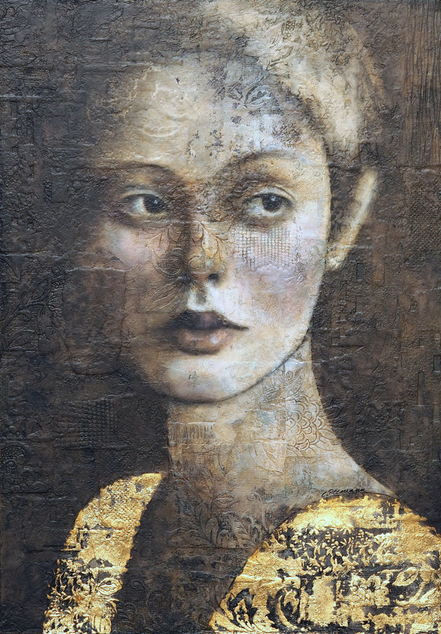 © Conni Altmann, Originalgemälde "Meet me at the opera", Mixed Media mit Blattgold auf Sperrholz, ca. 70 x 100 x 2 cm