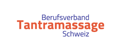 Ein Logo für den "Berufsverband Tantramassage Schweiz" mit blauem Schriftzug und einem markanten, orangefarbenen "Tantramassage" in der Mitte.