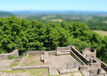 Blick von oben herab auf die freigelegten, quadratischen Fundamente und Mauerreste der Teufelsburg