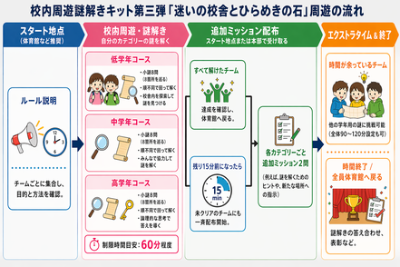 「迷いの校舎とひらめきの石」周遊の流れ図解。 ゲーム全体の進行を4つのステージで説明しています。  スタート地点（体育館など）: チームが集まり、ルール説明を受けます。  校内周遊・謎解き: 約60分の目安で、各学年のコース（低学年・中学年・高学年）ごとに用意された小謎8問を、校内を巡り順不同で解きます。低学年は探索、中学年は協力、高学年は思考がテーマです。  追加ミッション配布: 小謎をすべて解いたチーム、または終了15分前になった時点で、スタート地点または本部で追加ミッション2問を受け取ります。  エ