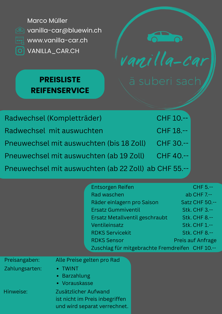 Preisliste Reifenservice & Reifenwechsel in Gwatt / Thun, vanilla-car