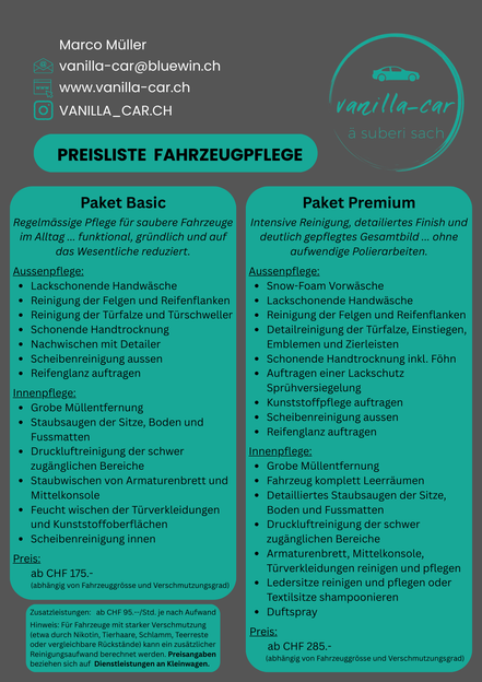 Preisliste Fahrzeugaufbereitung & Fahrzeugpflege in Gwatt / Thun, vanilla-car
