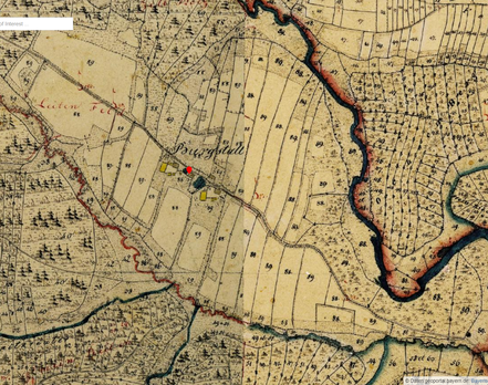 Karte: Geografische Lage des Erdstalls (Basis Geoportal Bayern, historische Karte)