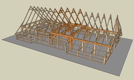 Zo kan de constructie er omstreeks 1380 hebben uitgezien. De oranje onderdelen zijn nog aanwezig of deze vallen met grote waarschijnlijkheid af te leiden uit bestaande pengaten.
