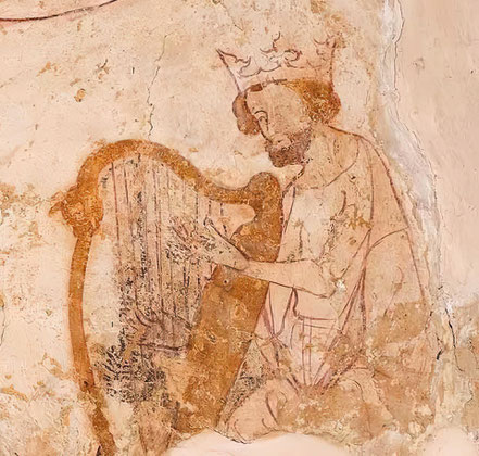 Roi David jouant de la harpe. Tour de Longthorpe, c. 1330. Royaume-Uni.