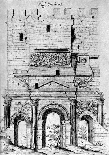 Orange (Arausio) : Arc de triomphe (Face Sud) - Dessin de Joseph de La Pise (1639)