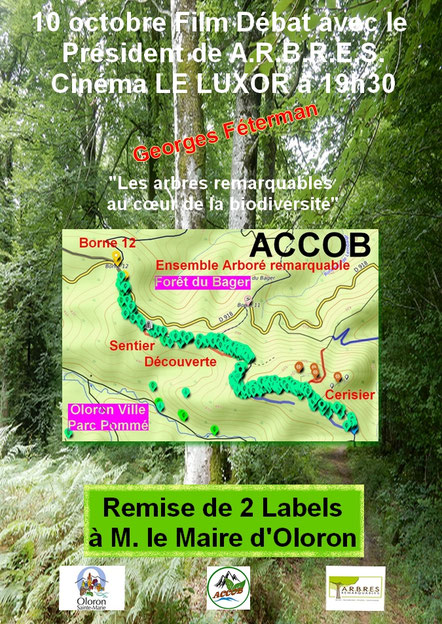 Affiche pour la venue de M. Féterman qui vient remettre deux labels à M. le Maire d'Oloron Bernard Uthurry le 10 octobre 2025 à 19h30 au cinéma Le LUXOR