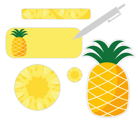 90-teiliges Set aus blanko Schulaufklebern mit verschiedenen Ananas- und Ananasscheiben-Motiven in Gelb und Grün, ideal zum Beschriften von Stiften und Heften.