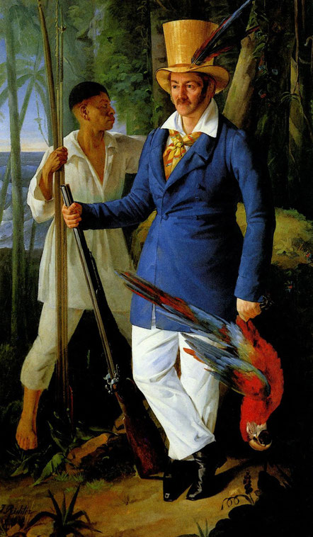 Titel: Prinz Maximilian zu Wied-Neuwied mit Joachim Quäck auf der Jagd im brasilianischen Urwald, Johann Heinrich Richter (1803–1845), Jahr: 1828 Medium: Öl auf Leinwand Sammlung: Brasilien-Bibliothek der Robert Bosch GmbH, Stuttgart