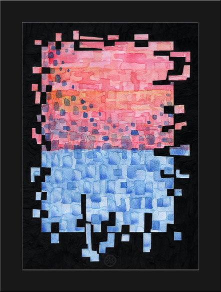 Exponattitel: Pixelcode - Exponatgröße: 20 x 28, mit Rahmung - Art: Collage, Aquarellmalerei - Signatur: datiert, signiert - Copyright by Emil Pelz 2018