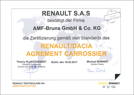 Bild von einem Zertifikat von Renault: AMF-Bruns ist zertifizierter Aufbauhersteller.