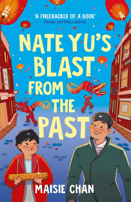 A Chinese boy and an Chinese young man smile at each other on Chinese New Year. There are dragons on poles dancing in the background. The boy is holding a golden shell casing from the first wold war which a dragon engraved on it