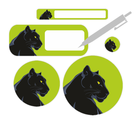 Blanko Schulstarter-Set mit schwarzem Panther auf grünem Grund, 90 Aufkleber zum Selbstbeschriften für Kinder.