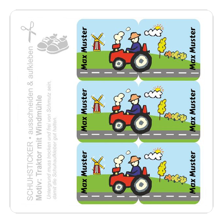Personalisierbare Schuhsticker zum Ausschneiden: 2-teilige Motive mit rotem Traktor, Straße, Wiese, Bäume und Windmühle.
