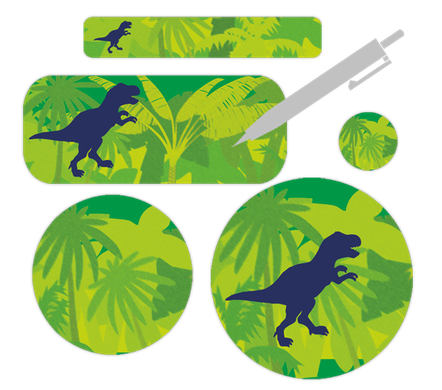 Spülmaschinenfeste Dino-Schulaufkleber blanko mit dunkelblauem T-Rex im grünen Dschungel-Design zum Beschriften.