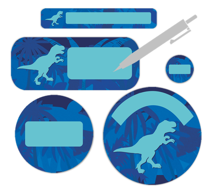 Blanko Namensaufkleber für Kinder mit einer hellblauen T-Rex Silhouette im dunkelblauen Urwald-Design, 90er-Set.