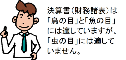 決算書（財務諸表）は「鳥の目」と「魚の目」には適していますが、「虫の目」には適していません。